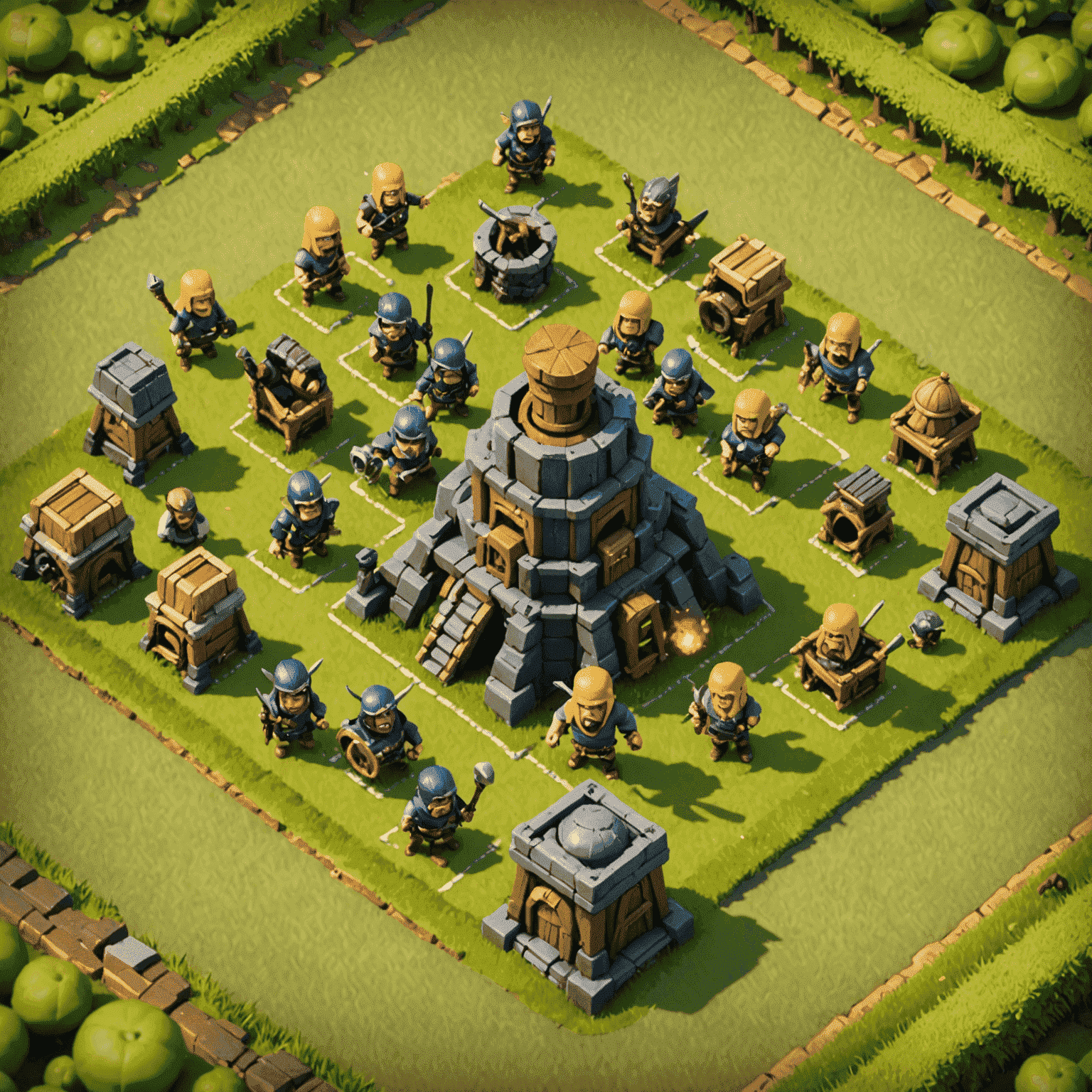 Εικόνα που δείχνει στρατηγική επίθεση στο Clash of Clans με πολλαπλούς στρατιώτες και πύργους άμυνας