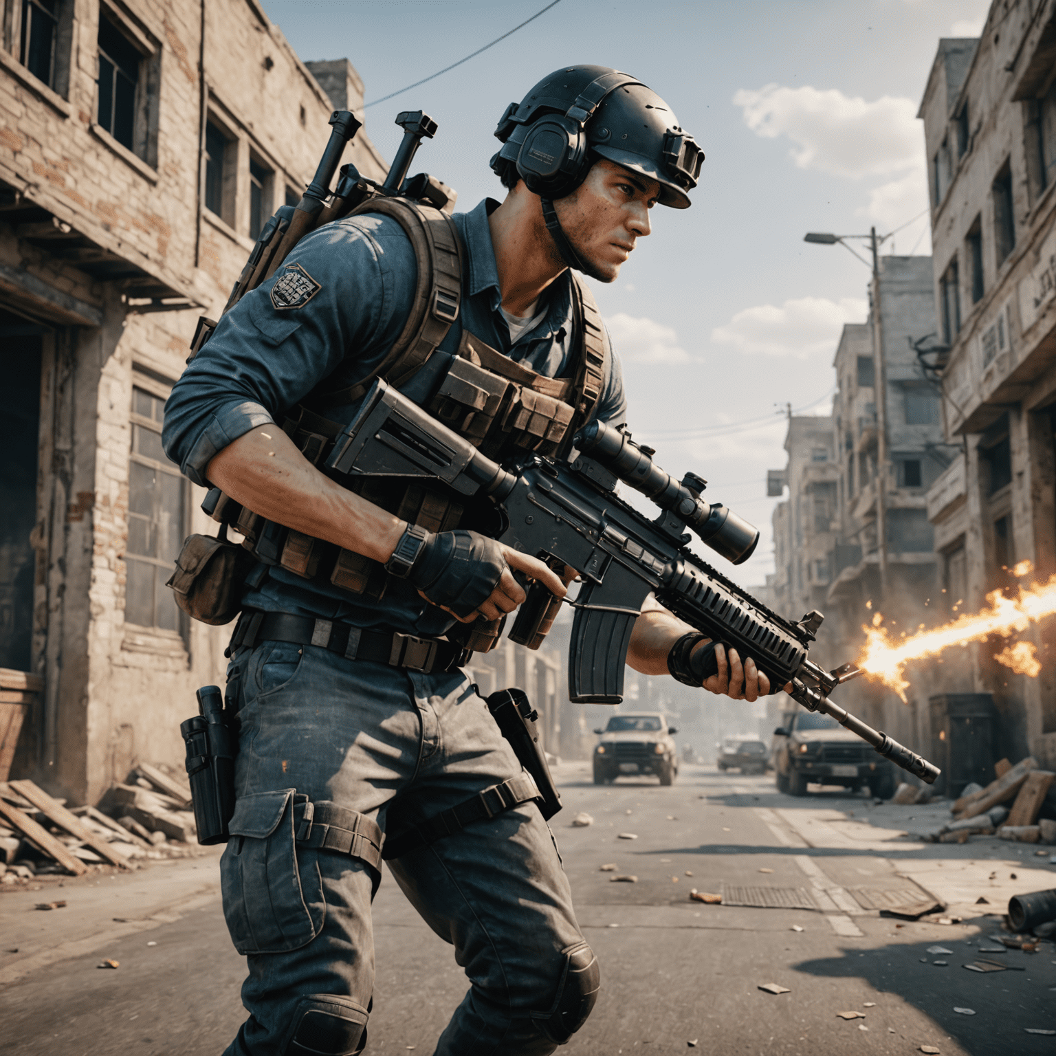 Εικόνα ενός παίκτη PUBG Mobile σε δράση, με το χαρακτήρα του να στοχεύει με ένα όπλο σε ένα αστικό περιβάλλον του παιχνιδιού